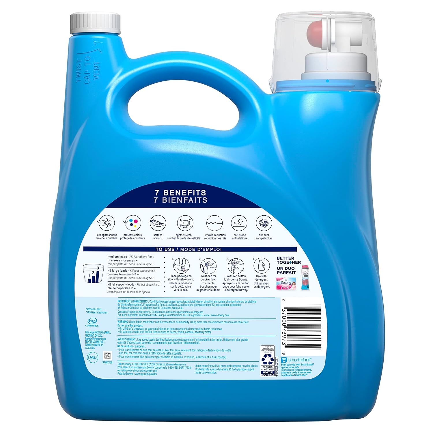 image:imageDowny Soft 2 in 1 Soft and Fresh Liquid Fabric Softener Cool Cotton 140 fl oz 190 Loads Fabric Conditioner Liquid provides softness and freshness for fabrics164 Fl Oz Pack of 1