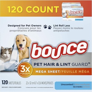 Bouce Bounce Pet Hair and Lint Guard Mega Dryer Sheets for Laundry, Fabric Softener with 3X Pet Hair Fighters, Unscented, Hypoallergenic, 120 Count(120 Count (Pack of 1))