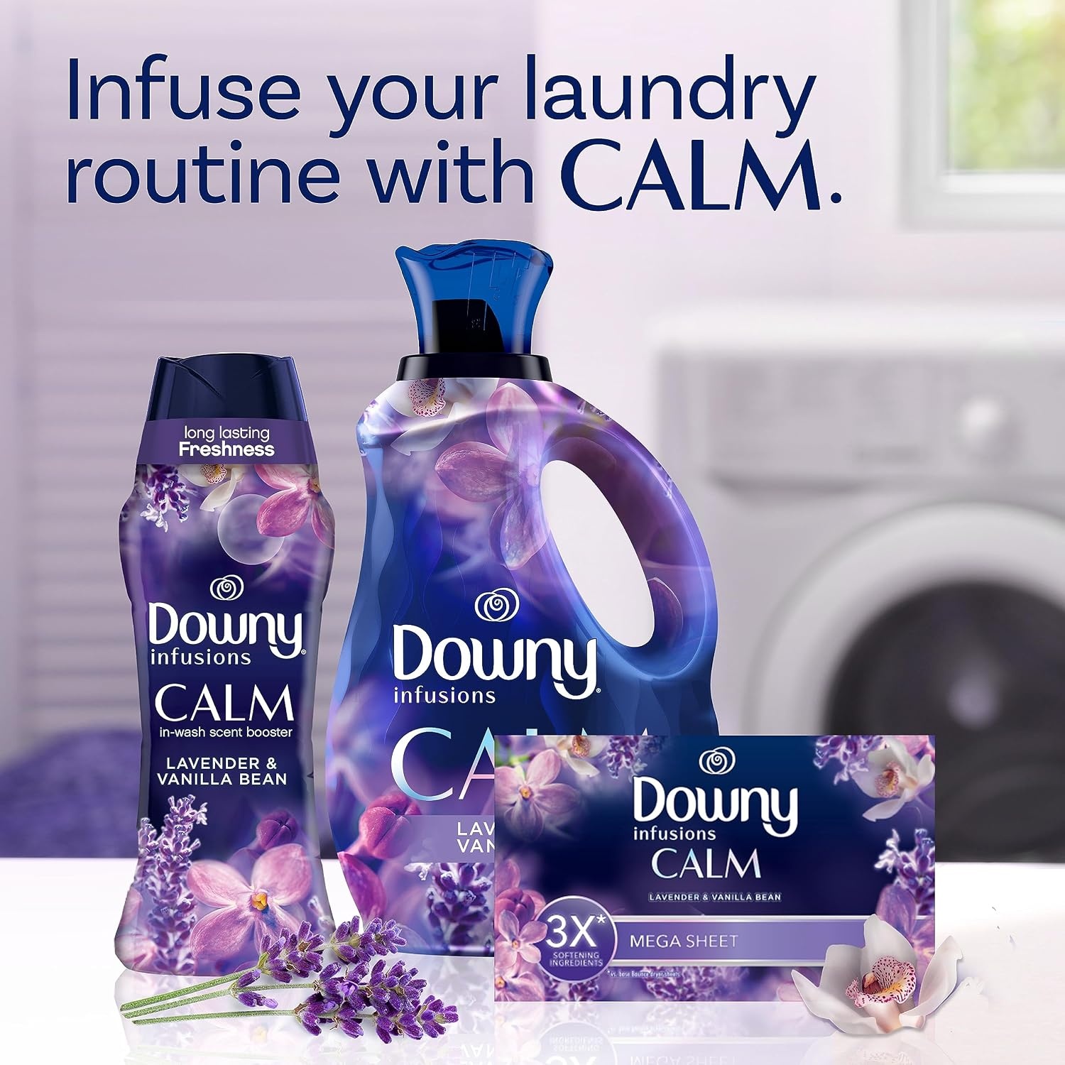 image:imageDowny Calm Mega Dryer Sheets Large Fabric Softener Sheets for Laundry Static Guard amp Softness Boost Laundry Dryer and Fabric Sheets 180 Count130 Count Pack of 1