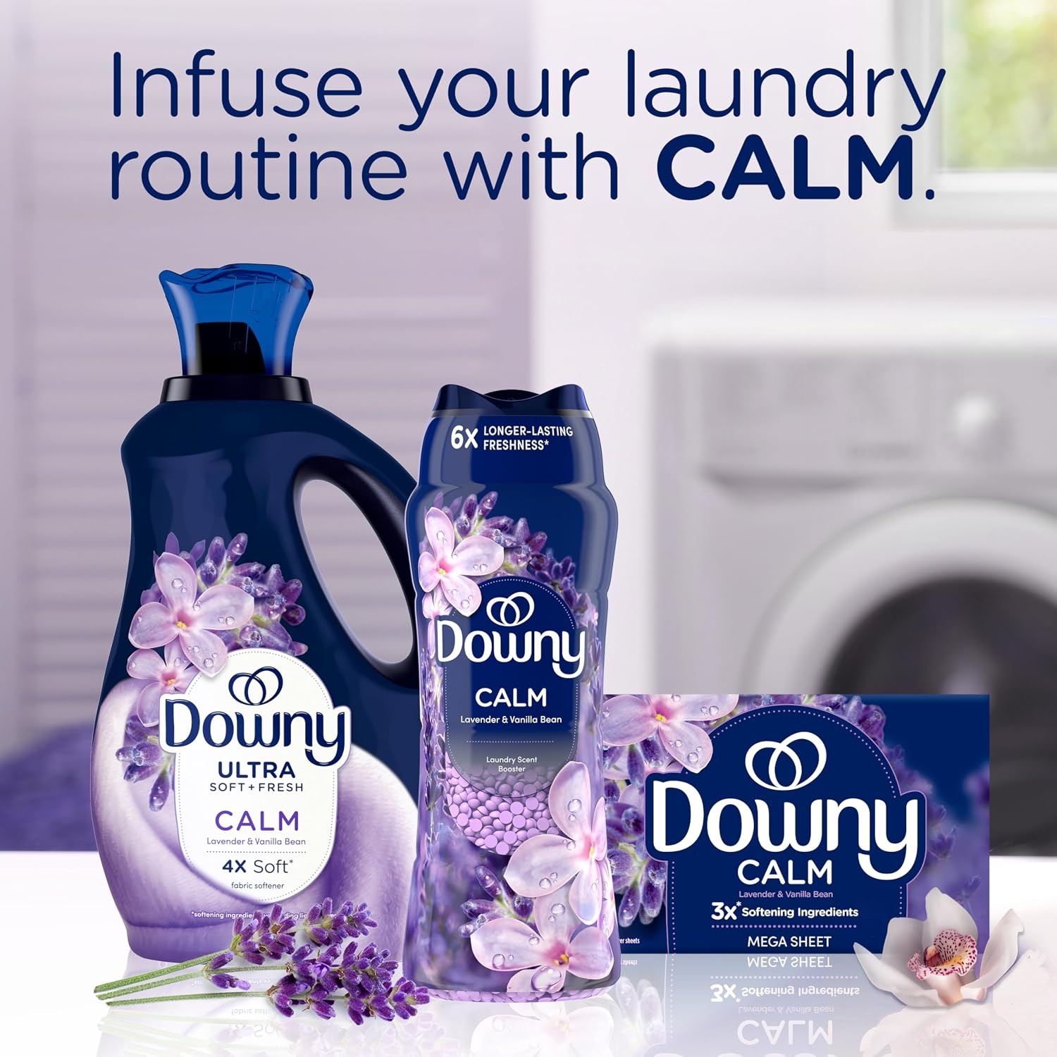 image:imageDowny Calm Mega Dryer Sheets Large Fabric Softener Sheets for Laundry Static Guard amp Softness Boost Laundry Dryer and Fabric Sheets 180 Count180 Count Pack of 1