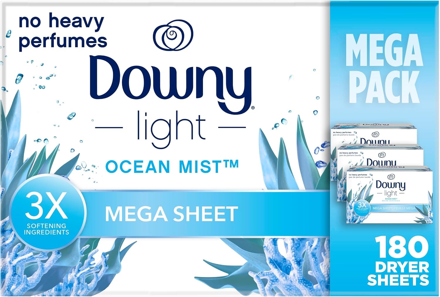 image:imageDowny Light Mega Dryer Sheets Fabric Softener Dryer Sheets Ocean Mist 180 CountOcean Mist